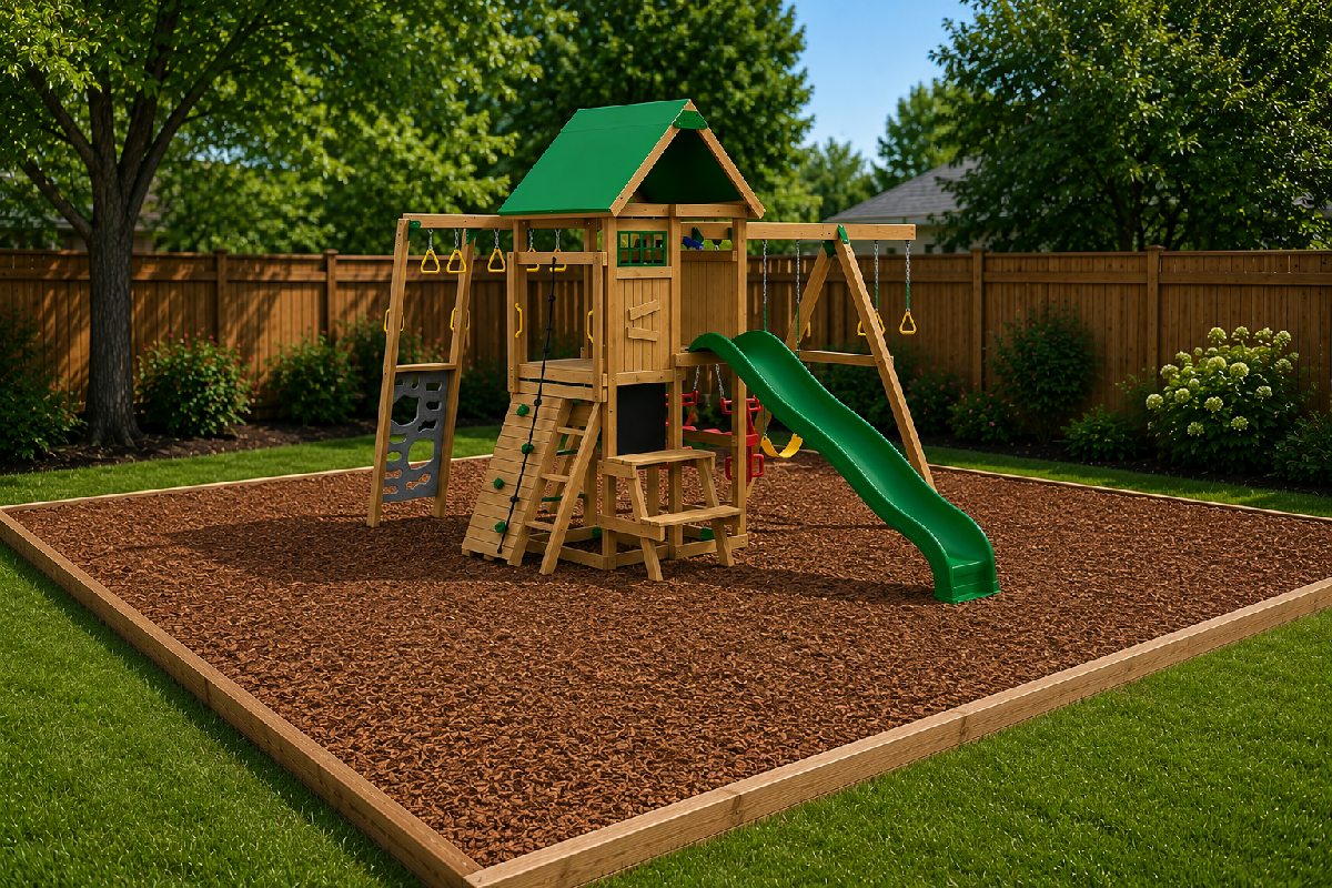 Backyard playset installed over mulch safety surfacing with landscape timber border